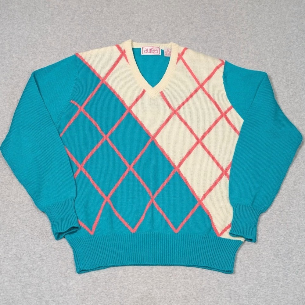 Vintage Y2K Aurea Sweater Size Large V-Neck Diamond Pattern
